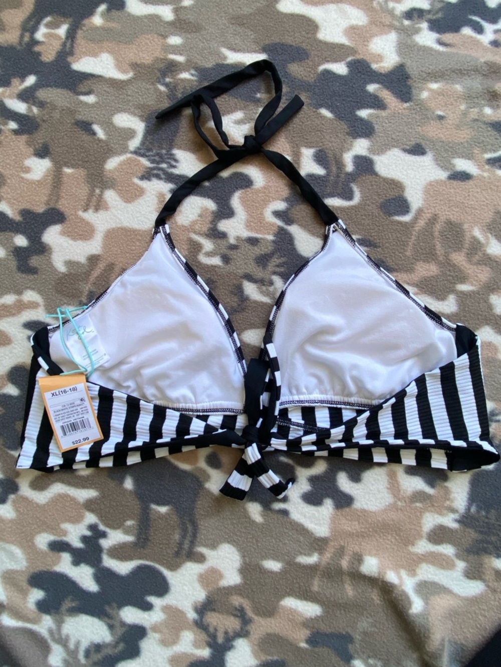 Kona Sol Black & White Striped Faux-Wrap Halter Bikini Top - Size XL (16-18) - Picture 5 of 6